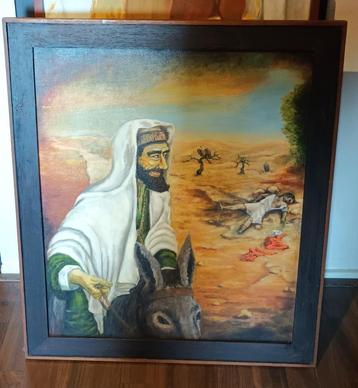 Drie religieuze voorstellingen op canvas in houten lijsten. beschikbaar voor biedingen