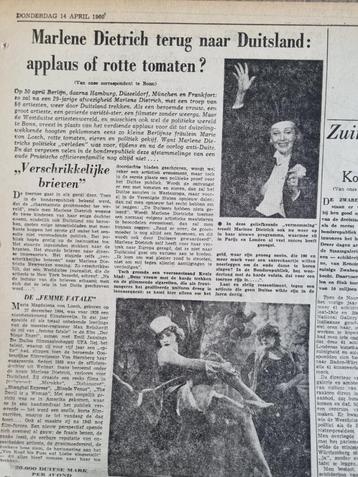 Marlene Dietrich op tournee door Duitsland (krant 1960) beschikbaar voor biedingen