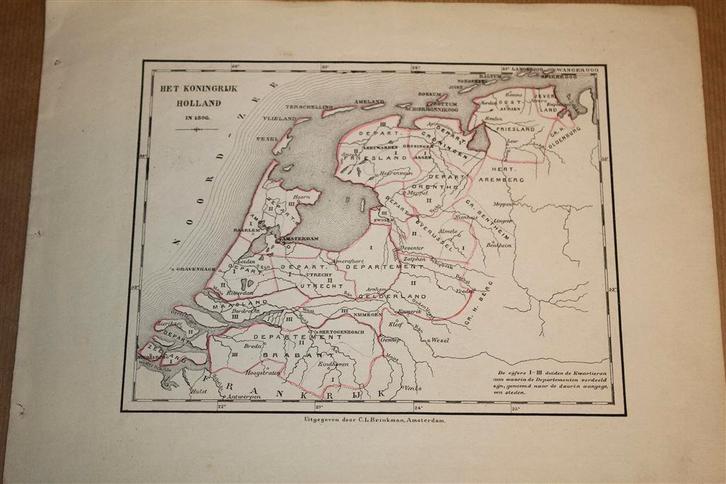 Antieke kaart - Koningrijk Holland in 1806 - Witkamp - 1878, Boeken, Atlassen en Landkaarten, Gelezen, Landkaart, Nederland, 1800 tot 2000