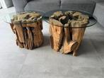 Houten salontafels met glasplaat, Huis en Inrichting, Ophalen, 50 tot 100 cm, Glas, Rond