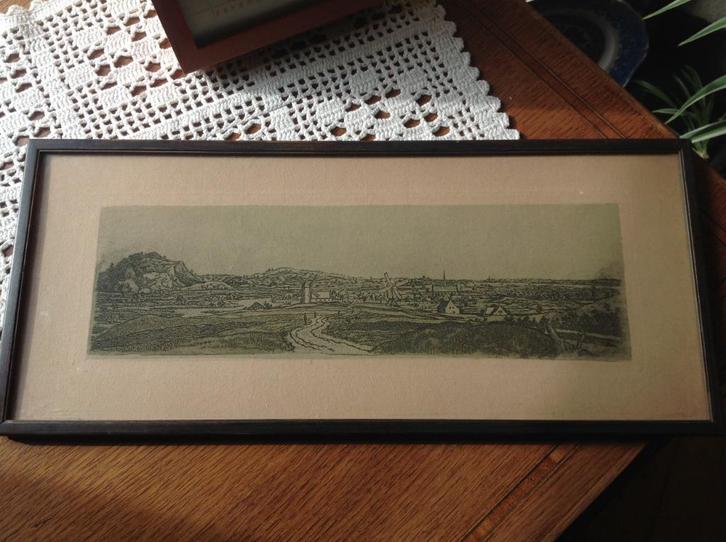Oude ingelijste ets panorama Haarlem vanaf het zuiden, Antiek en Kunst, Kunst | Etsen en Gravures, Ophalen of Verzenden