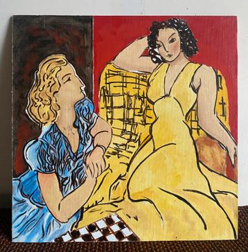 Schilderij van twee vrouwen met een schaakbord beschikbaar voor biedingen