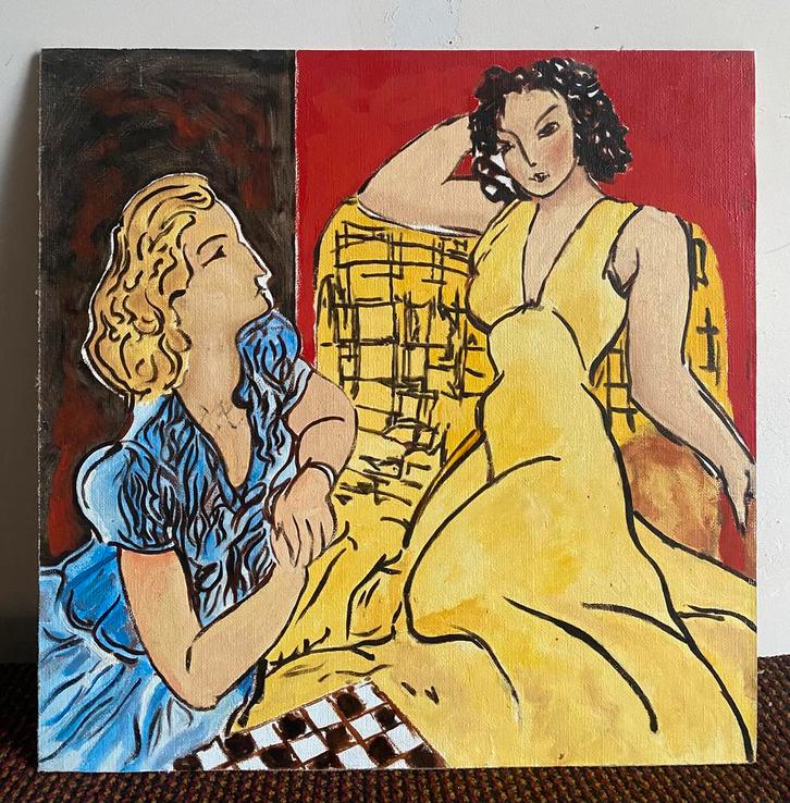 Schilderij van twee vrouwen met een schaakbord, Antiek en Kunst, Kunst | Schilderijen | Modern, Ophalen of Verzenden
