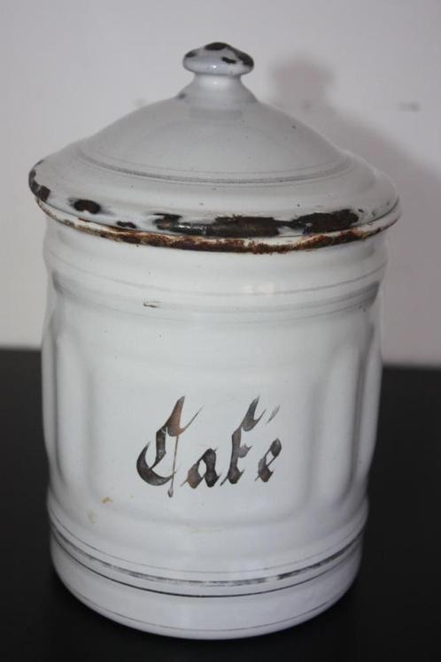 Frans emaillen wit voorraadblik met Café erop, Antiek en Kunst, Antiek | Emaille, Ophalen of Verzenden