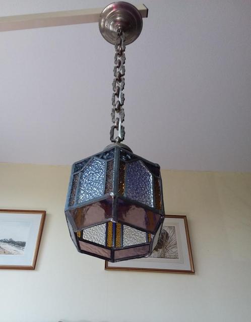 Art Deco hanglamp glas  in lood, Huis en Inrichting, Lampen | Hanglampen, Gebruikt, 75 cm of meer, Glas, Metaal, Ophalen of Verzenden