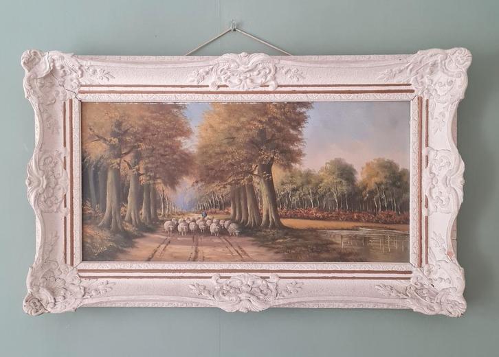 Landelijk oud olieverf schilderij schapen op zandweg, Antiek en Kunst, Kunst | Schilderijen | Klassiek, Ophalen