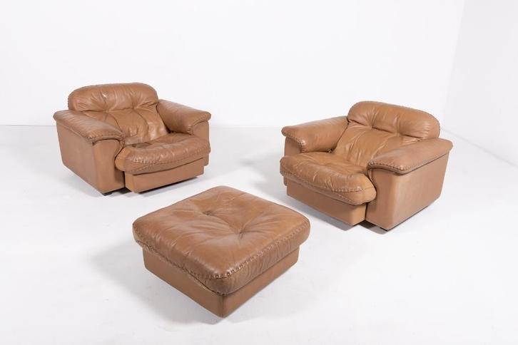 De Sede DS 101 brown leather lounge chairs, 1970’s, Huis en Inrichting, Fauteuils, Gebruikt, Hout, Leer, 100 tot 125 cm, 75 tot 100 cm