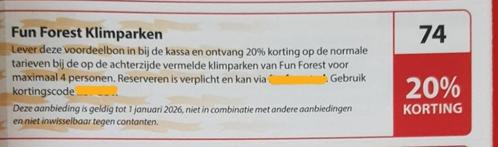 Fun Forest Klimparken 20% kortingsbon, Tickets en Kaartjes, Kortingen en Cadeaubonnen, Drie personen of meer, Overige typen, Kortingsbon
