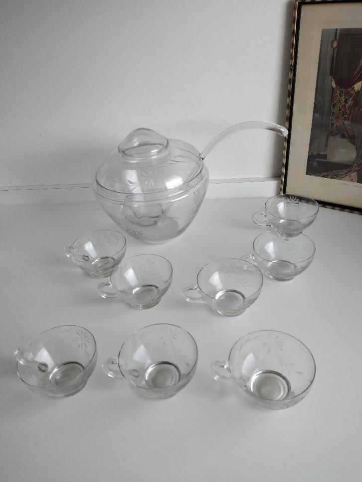 Antieke kristallen bowl set inclusief 8 kopjes en lepel, Antiek en Kunst, Antiek | Glas en Kristal, Ophalen
