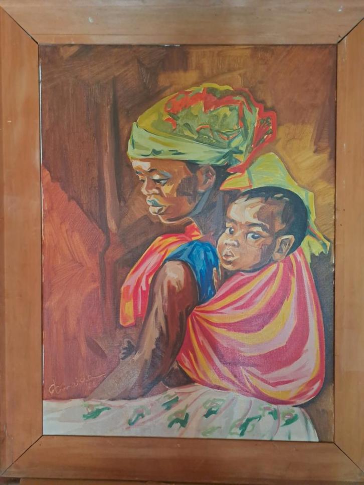 Vintage Afrikaans Schilderij: Moeder en Kind, Antiek en Kunst, Kunst | Schilderijen | Klassiek, Ophalen of Verzenden