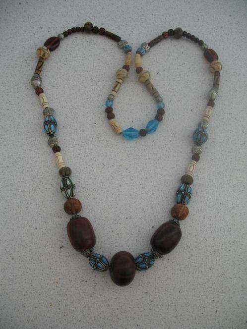 Ketting Zilverklr Hout ,Glas , Aqua Tribal e.a. Kralen Vinta, Sieraden, Tassen en Uiterlijk, Antieke sieraden, Ketting, Overige materialen