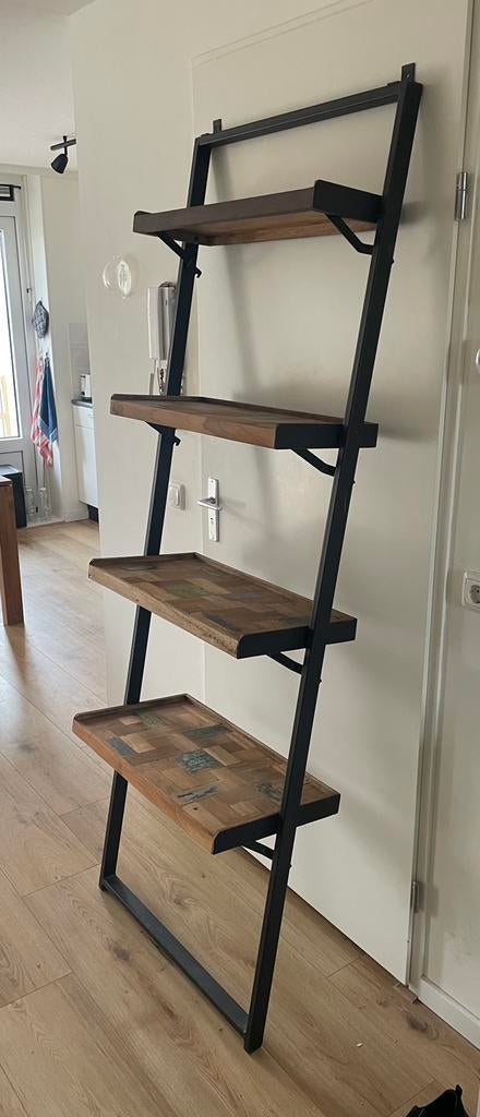 Wandladder / ladderplank Indonesisch stijgerhout en staal, Ophalen, Zo goed als nieuw