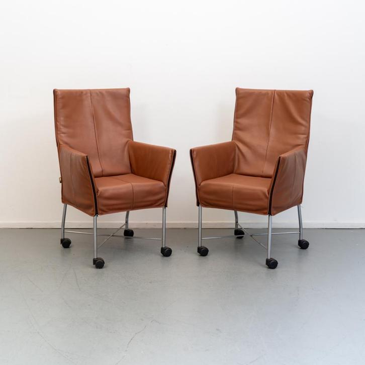 6 Montis Chaplin stoelen - kastanjebruin leer, Huis en Inrichting, Stoelen, Zo goed als nieuw, Leer, Bruin, Ophalen of Verzenden