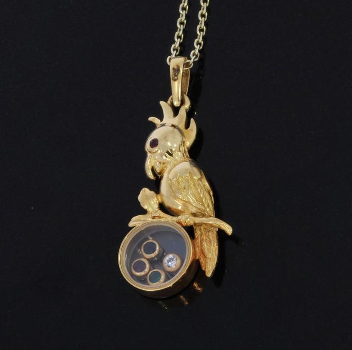 Papegaai 18k hanger goud robijn diamant saffier smaragd luxe, Sieraden, Tassen en Uiterlijk, Kettinghangers, Zo goed als nieuw