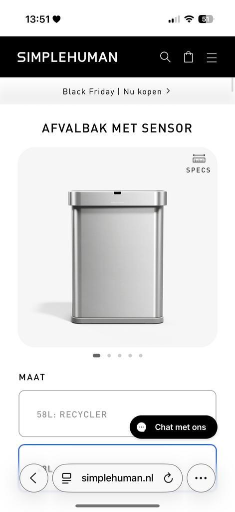 Simplehuman Sensor prullenbak - 58L, Huis en Inrichting, Woonaccessoires | Prullenbakken, Nieuw, Rvs, 50 tot 75 cm, 40 liter of meer