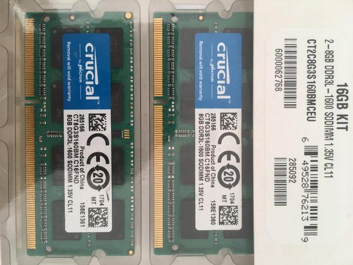 CRUCIAL Memory 16GB 2X8GB KIT MAC / APPLE Computers DDR3, Computers en Software, RAM geheugen, Zo goed als nieuw, Laptop, 16 GB