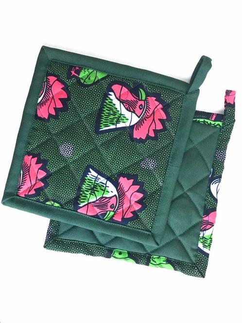 Luxe Pannenlappen van Afrikaanse stof kip  haan en ei, Huis en Inrichting, Keuken | Textiel, Nieuw, Overige typen, Groen, Ophalen of Verzenden
