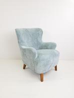 Vintage Artifort fauteuil licht blauwe ribstof Theo Ruth, Huis en Inrichting, Fauteuils, Modern vintage, Hout, ., 75 tot 100 cm