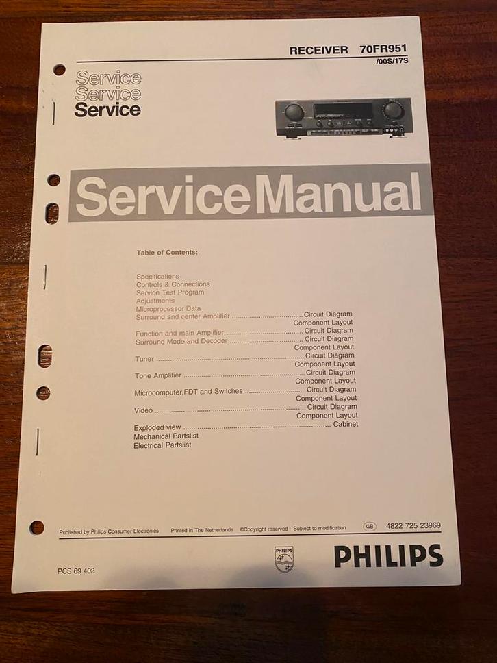Unieke originele ServiceManual voor Philips FR951, Audio, Tv en Foto, Versterkers en Receivers, Zo goed als nieuw, 5.1, 60 tot 120 watt