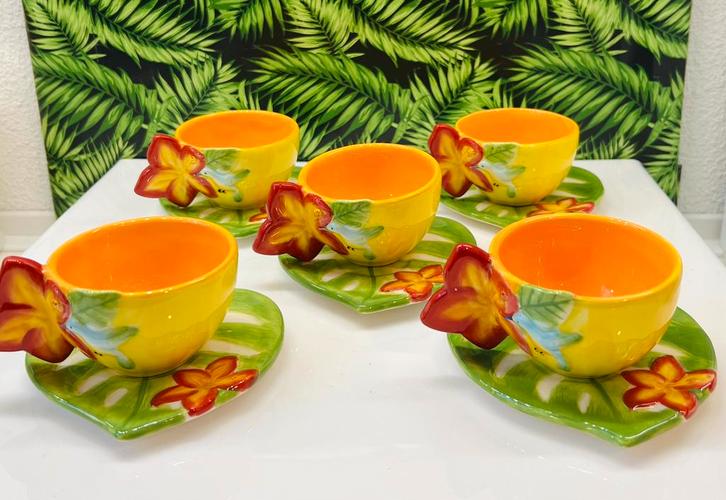 5 kop en schotel Tropische bloemen, Huis en Inrichting, Keuken | Servies, Zo goed als nieuw, Kop(pen) en/of Schotel(s), Overige stijlen