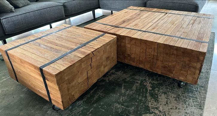Salontafel Set Hout & Staal op Wielen, Huis en Inrichting, Tafels | Salontafels, Gebruikt, Minder dan 50 cm, 50 tot 100 cm, 50 tot 100 cm
