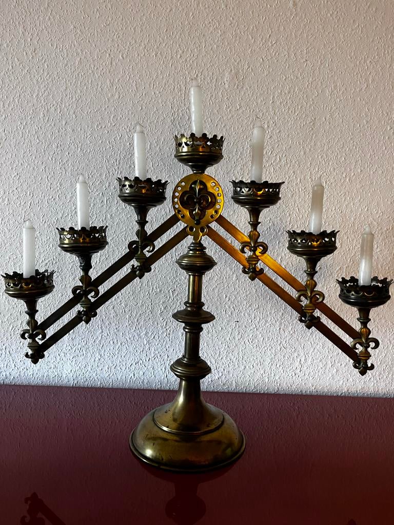 Antieke Gotische Kandelaber voor 7 Kaarsen, Antiek en Kunst, Antiek | Kandelaars, Koper of Brons, Ophalen