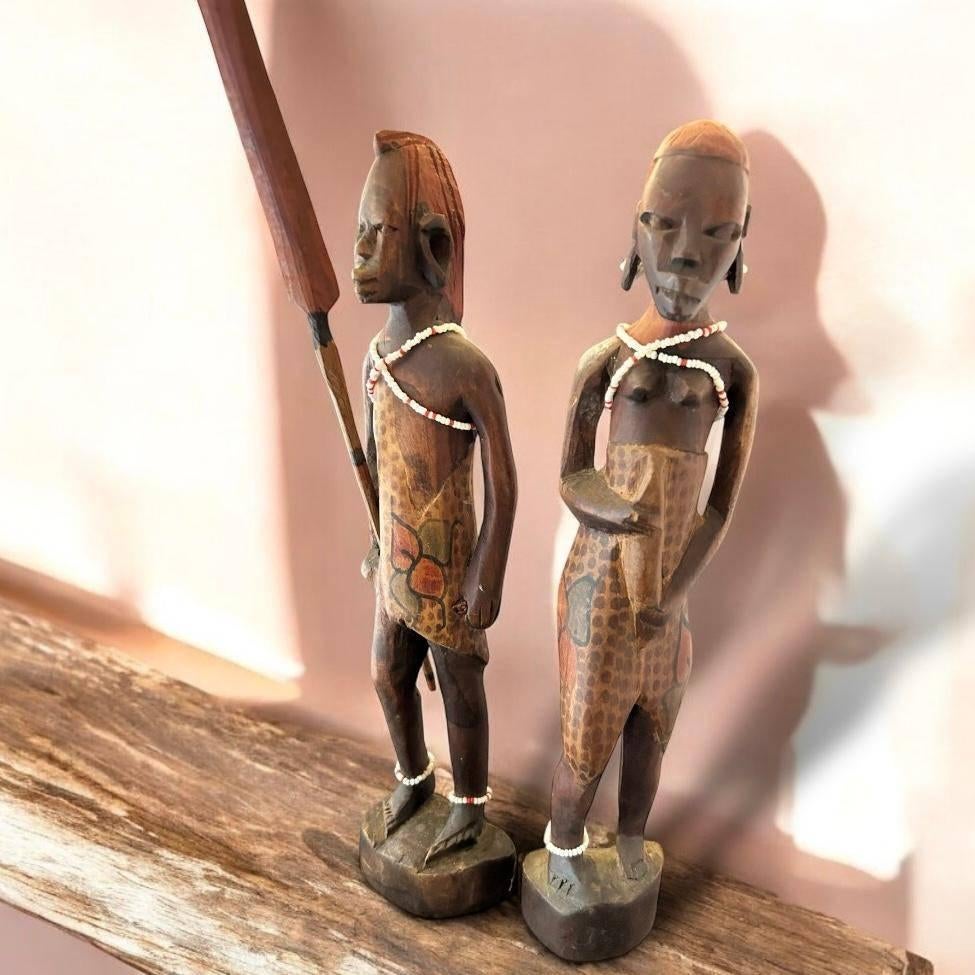 Twee houten beeldjes van de Masai stam in Kenia., Ophalen of Verzenden