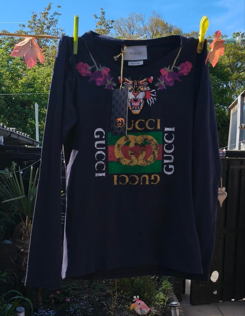 Gucci Zwart Longsleeve T-shirt met Tijger & Bloemen Maat S, Zwart, Nieuw, Ophalen of Verzenden, Gucci