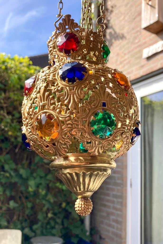 19e eeuwse fairy lantaarn verguld, gekleurd glas stenen, Ophalen