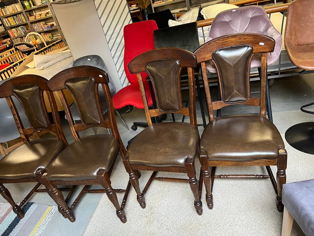 4 degelijke eetkamerstoel, donkerbruin leer/eiken, Ophalen, Gebruikt, Bruin, Leer