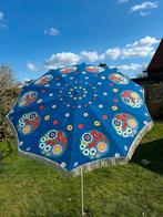 Vintage Retro Parasol met Franjes - Blauw Bloemenpatroon, Ophalen of Verzenden, Gebruikt, 2 tot 3 meter, Stokparasol