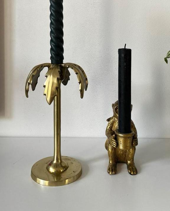Koperen kandelaars: palmboom en aap, Huis en Inrichting, Woonaccessoires | Kandelaars en Kaarsen, Ophalen of Verzenden, Brons of Koper
