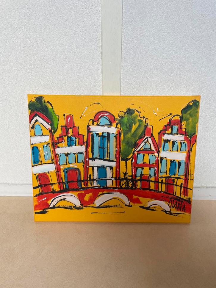 Schilderij Grachtenpanden - Kleurrijk en Levendig, Antiek en Kunst, Kunst | Schilderijen | Modern, Ophalen of Verzenden