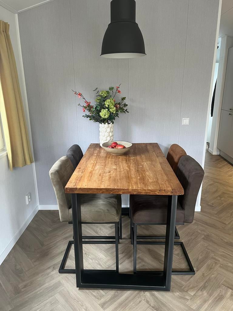 Hoge eethoek met eetstoelen/krukken, Ophalen, Teakhout, 50 tot 100 cm, Zo goed als nieuw