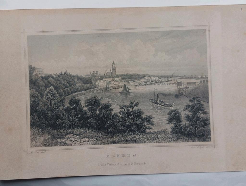 1 / Arnhem en de Rijn Gravure uit 1863, Antiek en Kunst, Kunst | Etsen en Gravures, Ophalen of Verzenden