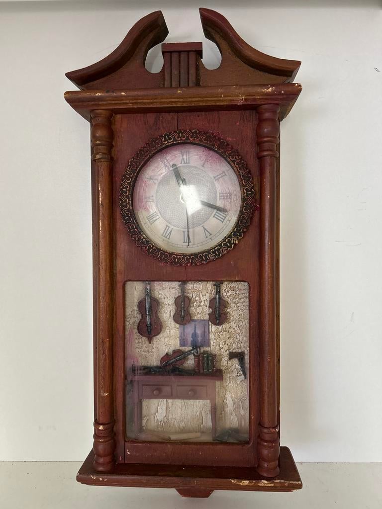 Vintage Houten Wandklok met Muziekinstrumenten Display, Ophalen of Verzenden