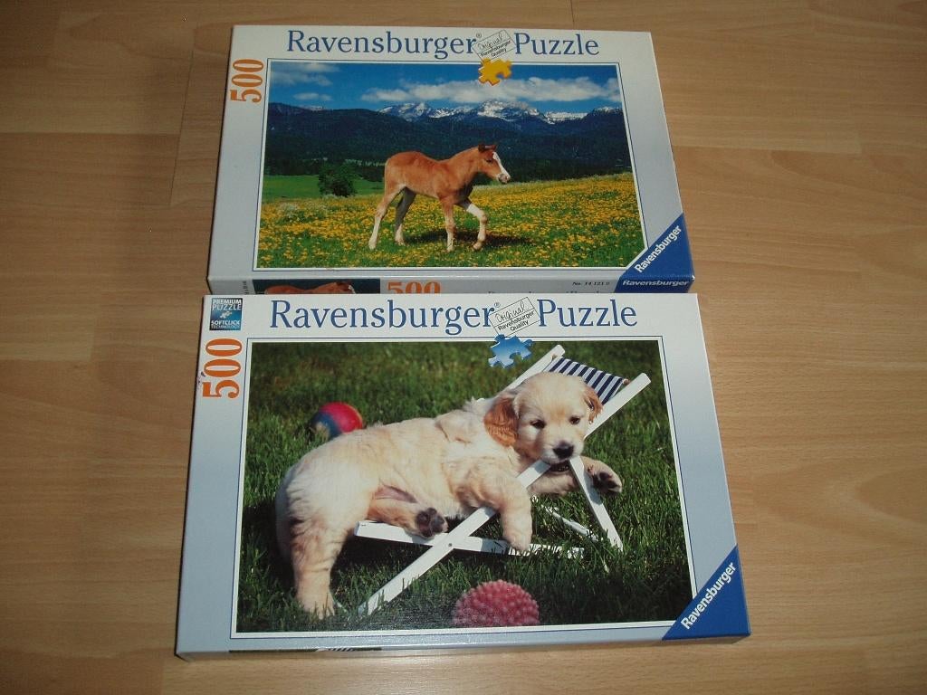 2x puzzle Golden Retriever + Veulen in de wei 2x 500 stukjes, Verzenden, 500 t/m 1500 stukjes, Gebruikt