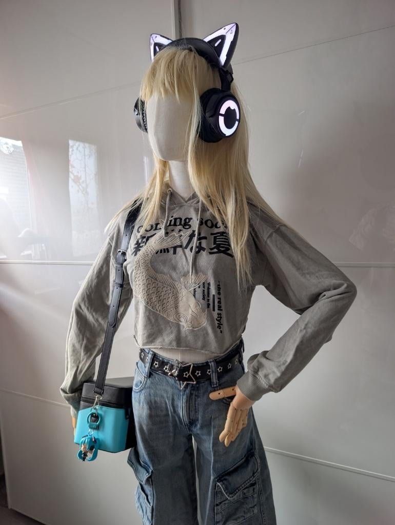 Streetwear Crop Hoodie Grijs | Koi Design | Harajuku, Kleding | Dames, Harajuku, Ophalen of Verzenden, Zo goed als nieuw, Maat 34 (XS) of kleiner