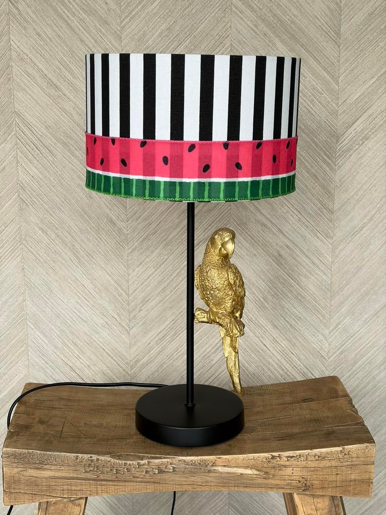 Papegaai tafellamp goud – unieke lamp met watermeloen kap, Ophalen of Verzenden, Zo goed als nieuw, Minder dan 50 cm