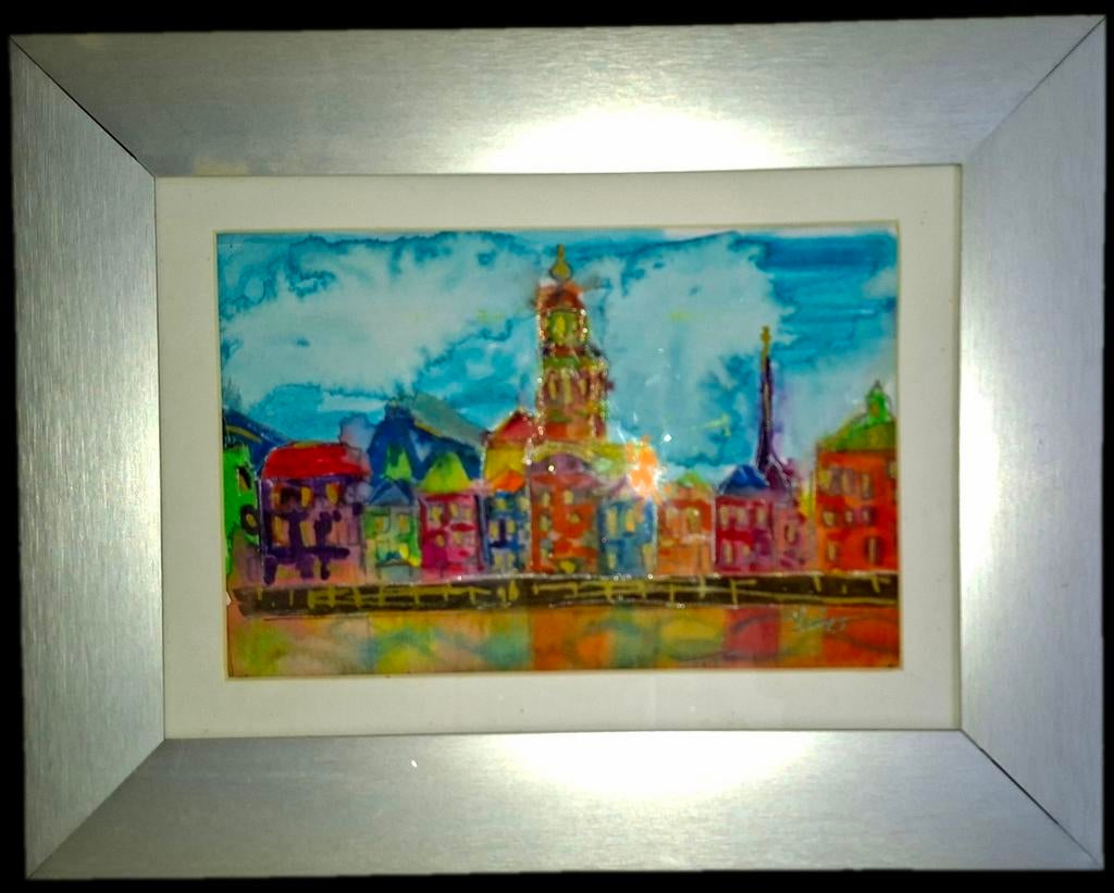Kleurrijke gesigneerde skyline van Deventer in lijst, Ophalen
