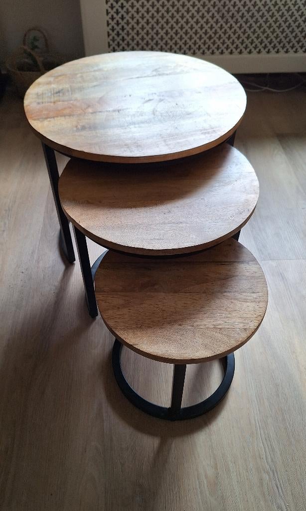 3 Bijzettafels/ salontafels mangohout, Huis en Inrichting, Tafels | Salontafels, Ophalen, 50 tot 100 cm, Overige materialen, Rond