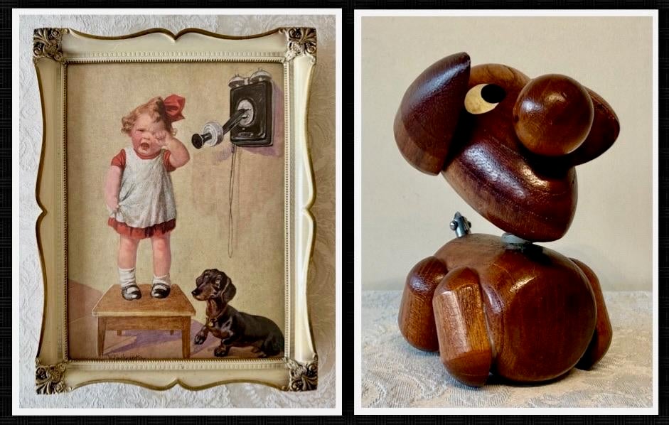Vintage ingelijste prent meisje met teckel, Ophalen of Verzenden