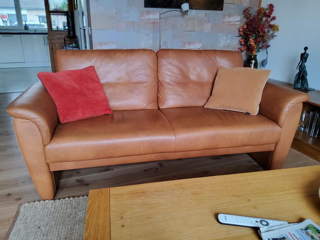 Goed onderhouden oranje/bruine lederen bank en fauteuil, Ophalen, Gebruikt, Driepersoons, Leer
