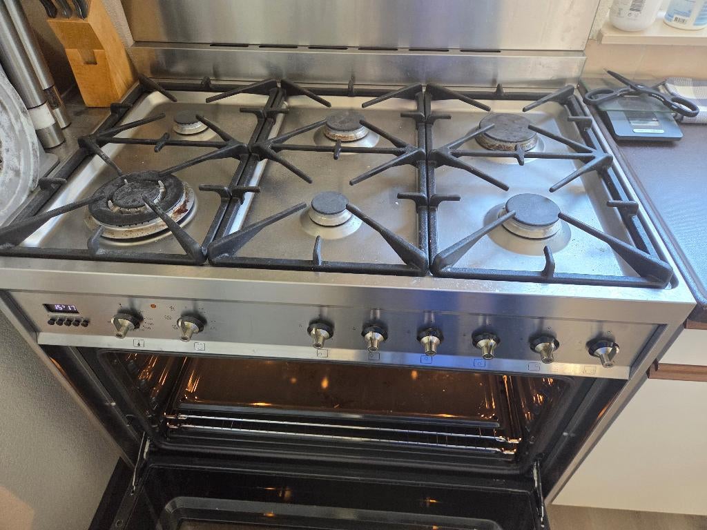 6 pit gasfornuis RVS, Ophalen, Gebruikt, 60 cm of meer, Grill