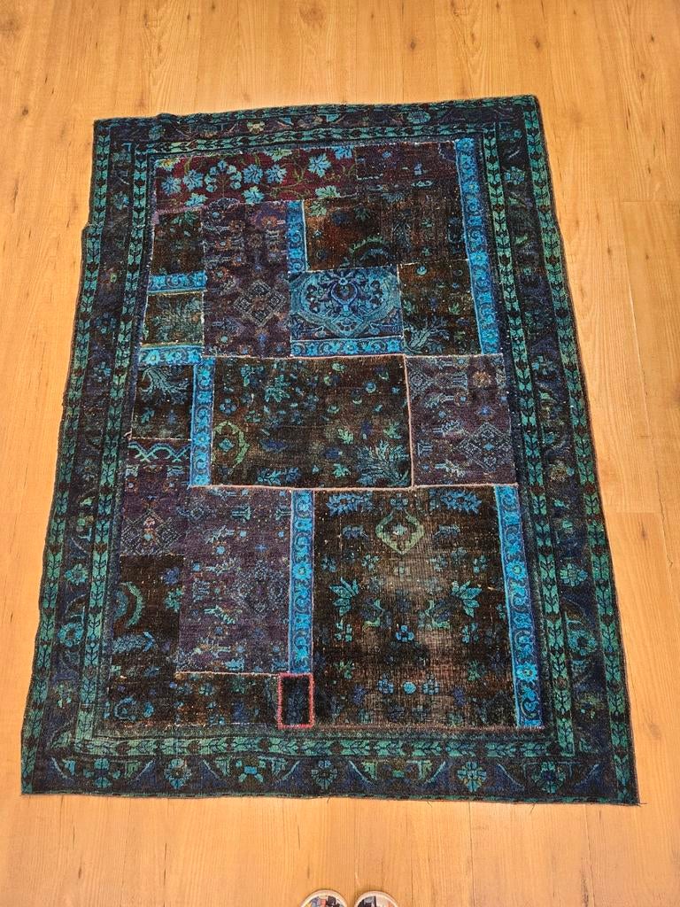 Vintage handgeknoopt perzisch patchwork 145x105, Info@SlatsAntiek.nl, Tweedehands, Groen, Ophalen of Verzenden