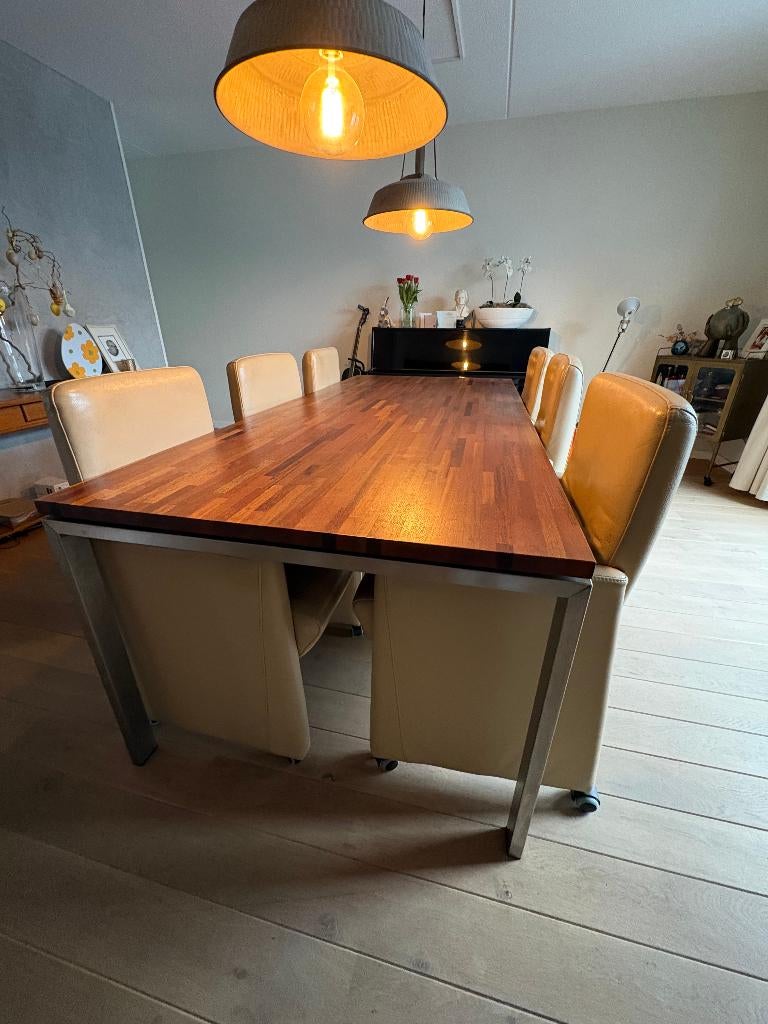 Eetkamerset met 6 lederen stoelen Mixedwood/RVS T.E.A.B., Ophalen, Zo goed als nieuw, Mixed hout met RVS onderstel en lederen stoelen