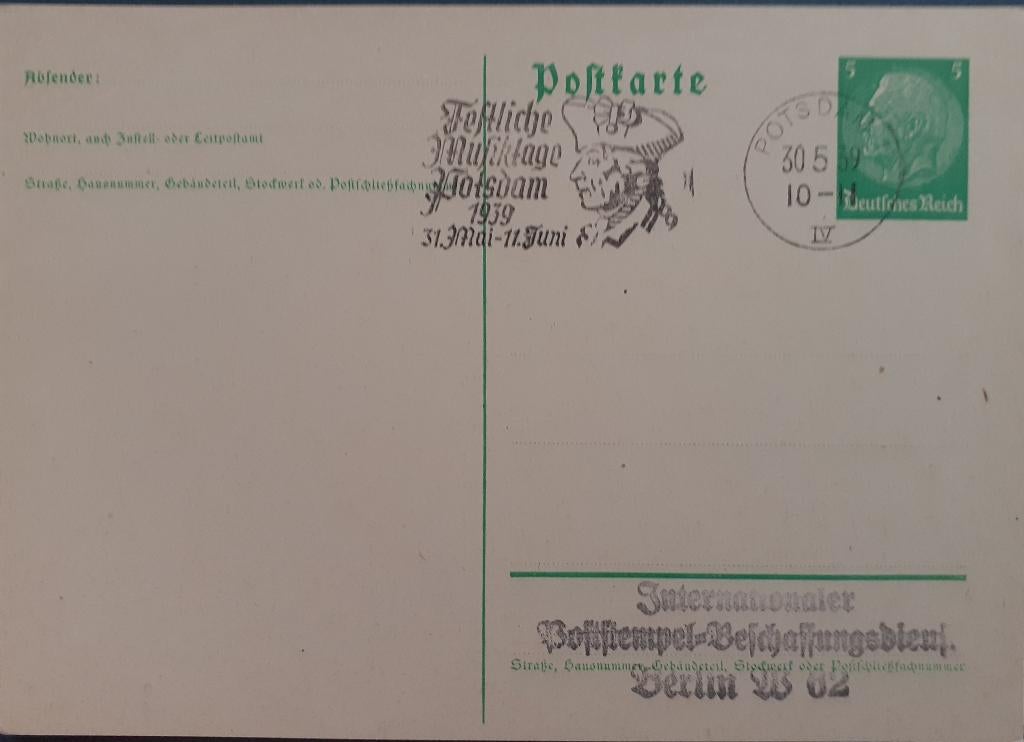 Deutsches Reich Briefkaart 1939 Potsdam Musiktage, Postzegels en Munten, Ophalen of Verzenden, Briefkaart