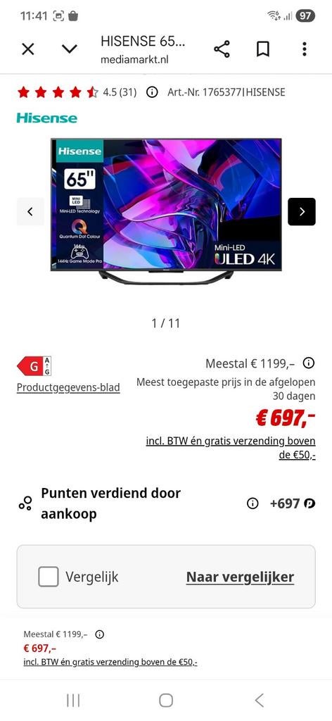 Hisense 65 inch Mini-LED ULED 4K Smart TV - Zo goed als nieu, Audio, Tv en Foto, Televisies, Overige merken, LED, 120 Hz, Ophalen of Verzenden