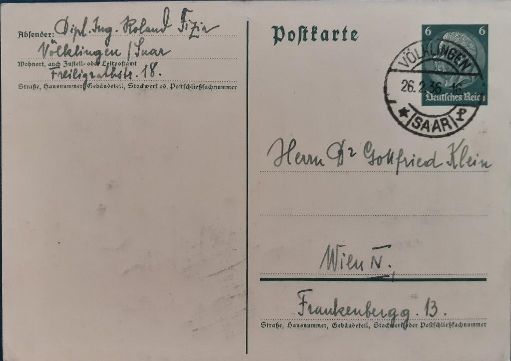 Deutsches Reich Briefkaart 1936 Volklingen, Postzegels en Munten, Ophalen of Verzenden, Briefkaart