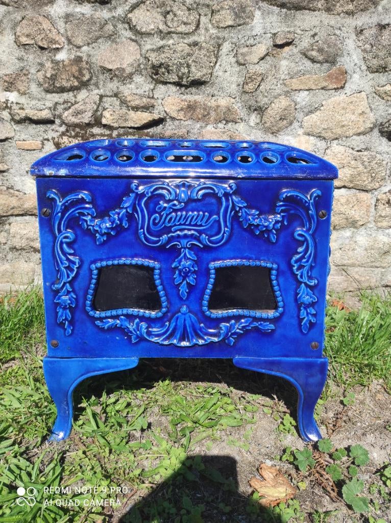 Schitterende franse blauwe emaille Art-deco houtkachel, Ophalen, Gebruikt, Houtkachel, Vrijstaand